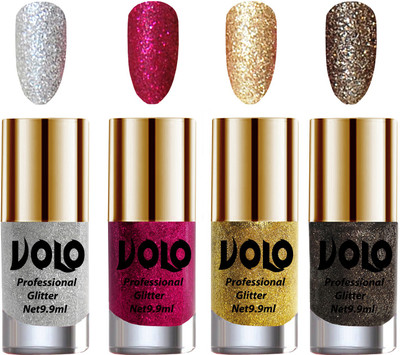 

Volo Professionally Used Glitter Shine Nail Polish Combo Pack of 4 Silver Glitter, Magenta Glitter, Golden Glitter, Dark Grey Glitter(Pack of 4)