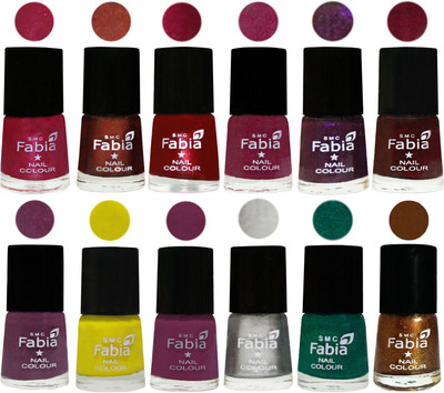 

Fabia Premium Lacquer Extra Shine Nail Polish Shades Of (12 Pcs Nail Polish) Cherry Pink-Berry-Dark Magenta-Rose Pink-Dark Purple-Royal Red-Brinjal Purple-Yellow-Light purple-Silver-Green-Dark Golden(Pack of 12)