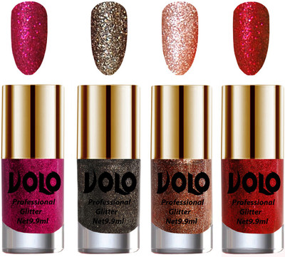 

Volo Professionally Used Glitter Shine Nail Polish Combo Pack of 4 Magenta Glitter, Dark Grey Glitter, Peach Glitter, Red Glitter(Pack of 4)