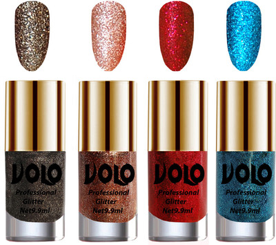 

Volo Professionally Used Glitter Shine Nail Polish Combo Pack of 4 Dark Grey Glitter, Peach Glitter, Red Glitter, Sky Blue Glitter(Pack of 4)