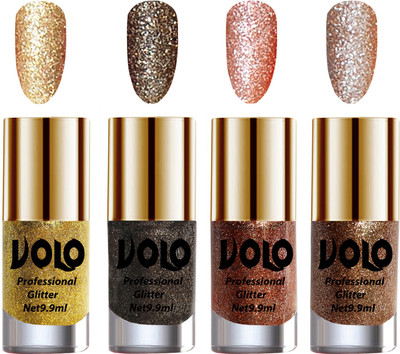 

Volo Professionally Used Glitter Shine Nail Polish Combo Pack of 4 Golden Glitter, Dark Grey Glitter, Peach Glitter, Light Golden Glitter(Pack of 4)
