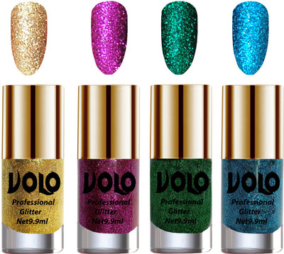 

Volo Professionally Used Glitter Shine Nail Polish Combo Pack of 4 Golden Glitter, Purple Glitter, Dark Green Glitter, Sky Blue Glitter(Pack of 4)