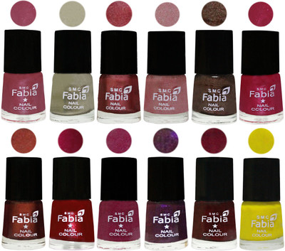 

Fabia Premium Shine & Glossy Nail Polish Collection Shades (12 Pcs Combo) Pink Maroonish-Oyster-Nude Pink-Light pink-Dark Brown-Cherry Pink-Berry-Dark Magenta-Rose Pink-Dark Purple-Royal Red-Yellow(Pack of 12)