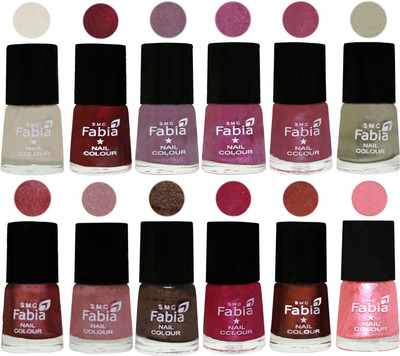 

Fabia Premium Shine & Glossy Nail Polish Collection Shades (12 Pcs Combo) Light Cream-Maroon-Light Violet-Rani-Pink Maroonish-Oyster-Nude Pink-Light pink-Dark Brown-Cherry Pink-Berry-Jerry Peach(Pack of 12)