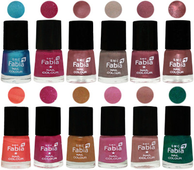 

Fabia Premium Shine & Glossy Nail Polish Collection Shades (12 Pcs Combo) Denim-Hot Magenta-Lip-Light Beige-Dusty Pink-Dark Red Chrome-Peach-Light Magenta-Golden -Light Plum-Nude-Green(Pack of 12)