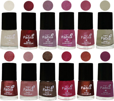 

Fabia Premium Collection 12 Piece Color Nail Polish Shades Light Cream-Maroon-Light Violet-Rani-Pink Maroonish-Oyster-Nude Pink-Light pink-Dark Brown-Cherry Pink-Berry-Light purple(Pack of 12)