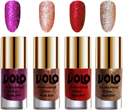

Volo Professionally Used Glitter Shine Nail Polish Combo Pack of 4 Purple Glitter, Peach Glitter, Red Glitter, Light Golden Glitter(Pack of 4)