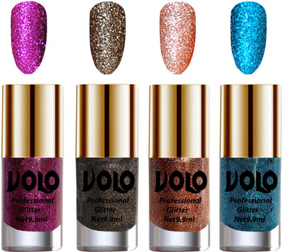 

Volo Professionally Used Glitter Shine Nail Polish Combo Pack of 4 Purple Glitter, Dark Grey Glitter, Peach Glitter, Sky Blue Glitter(Pack of 4)