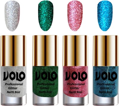 Volo Professionally Used Glitter Shine Nail Polish Combo Pack of 4 Combo-No-205 Dark Green Glitter, Pink Glitter, Silver Glitter, Sky Blue Glitter(Pack of 4)