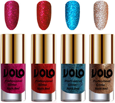 

Volo Professionally Used Glitter Shine Nail Polish Combo Pack of 4 Magenta Glitter, Red Glitter, Sky Blue Glitter, Light Golden Glitter(Pack of 4)