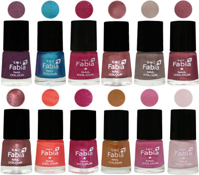 

Fabia Premium Shine & Glossy Nail Polish Collection Shades (12 Pcs Combo) Light Jam-Denim-Hot Magenta-Lip-Light Beige-Dusty Pink-Dark Red Chrome-Peach-Light Magenta-Golden -Light Plum-Lychee(Pack of 12)