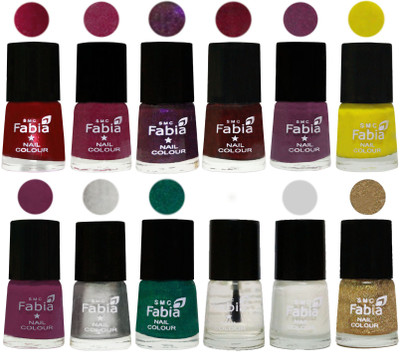 

Fabia Premium Shine & Glossy Nail Polish Collection Shades (12 Pcs Combo) Dark Magenta-Rose Pink-Dark Purple-Royal Red-Brinjal Purple-Yellow-Light purple-Silver-Green-Top Coat-White-Light Golden(Pack of 12)