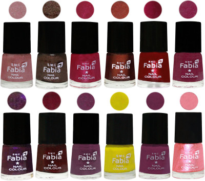 

Fabia Premium Shine & Glossy Nail Polish Collection Shades (12 Pcs Combo) Light pink-Dark Brown-Cherry Pink-Berry-Dark Magenta-Rose Pink-Dark Purple-Royal Red-Brinjal Purple-Yellow-Light purple-Jerry Peach(Pack of 12)