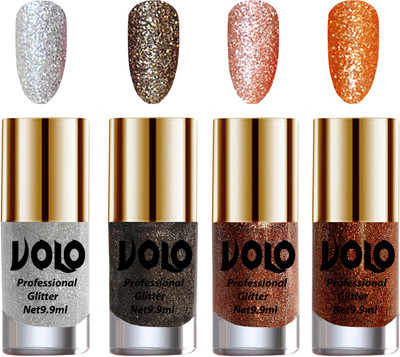 

Volo Professionally Used Glitter Shine Nail Polish Combo Pack of 4 Silver Glitter, Dark Grey Glitter, Peach Glitter, Light Orange Glitter(Pack of 4)