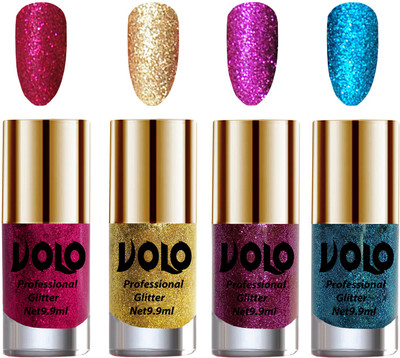 

Volo Professionally Used Glitter Shine Nail Polish Combo Pack of 4 Magenta Glitter, Golden Glitter, Purple Glitter, Sky Blue Glitter(Pack of 4)