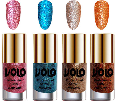

Volo Professionally Used Glitter Shine Nail Polish Combo Pack of 4 Pink Glitter, Sky Blue Glitter, Light Golden Glitter, Light Orange Glitter(Pack of 4)
