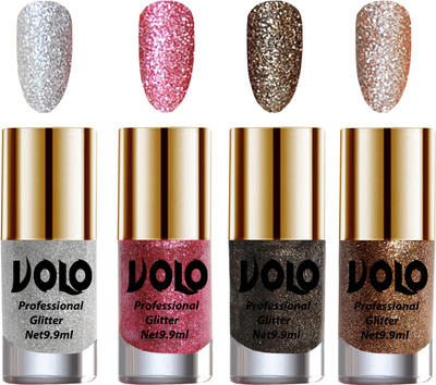 

Volo Professionally Used Glitter Shine Nail Polish Combo Pack of 4 Silver Glitter, Pink Glitter, Dark Grey Glitter, Light Golden Glitter(Pack of 4)