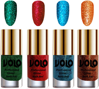 

Volo Professionally Used Glitter Shine Nail Polish Combo Pack of 4 Dark Green Glitter, Red Glitter, Sky Blue Glitter, Light Orange Glitter(Pack of 4)