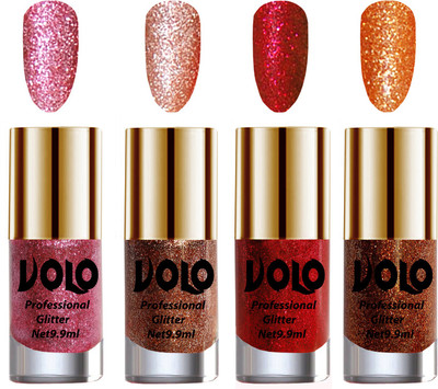 

Volo Professionally Used Glitter Shine Nail Polish Combo Pack of 4 Pink Glitter, Peach Glitter, Red Glitter, Light Orange Glitter(Pack of 4)