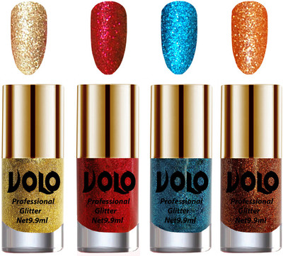 

Volo Professionally Used Glitter Shine Nail Polish Combo Pack of 4 Golden Glitter, Red Glitter, Sky Blue Glitter, Light Orange Glitter(Pack of 4)