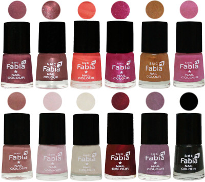 

Fabia Premium Shine & Glossy Nail Polish Collection Shades (12 Pcs Combo) Dusty Pink-Dark Red Chrome-Peach-Light Magenta-Golden -Light Plum-Nude-Lychee-Light Cream-Maroon-Light Violet-Black(Pack of 12)