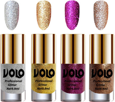 

Volo Professionally Used Glitter Shine Nail Polish Combo Pack of 4 Silver Glitter, Golden Glitter, Purple Glitter, Light Golden Glitter(Pack of 4)