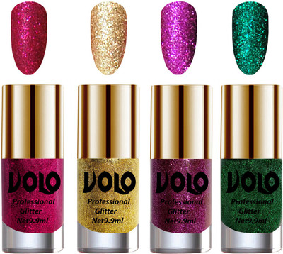 

Volo Professionally Used Glitter Shine Nail Polish Combo Pack of 4 Magenta Glitter, Golden Glitter, Purple Glitter, Dark Green Glitter(Pack of 4)