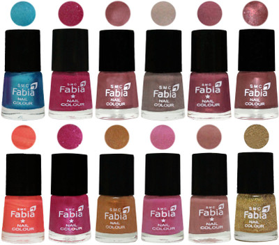 

Fabia Premium Collection 12 Piece Color Nail Polish Shades Denim-Hot Magenta-Lip-Light Beige-Dusty Pink-Dark Red Chrome-Peach-Light Magenta-Golden -Light Plum-Nude-Light Golden(Pack of 12)