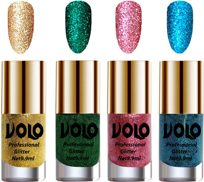 

Volo Professionally Used Glitter Shine Nail Polish Combo Pack of 4 Golden Glitter, Dark Green Glitter, Pink Glitter, Sky Blue Glitter(Pack of 4)