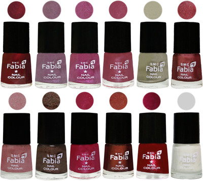 

Fabia Premium Lacquer Extra Shine Nail Polish Shades Of (12 Pcs Nail Polish) Maroon-Light Violet-Rani-Pink Maroonish-Oyster-Nude Pink-Light pink-Dark Brown-Cherry Pink-Berry-Dark Magenta-White(Pack of 12)
