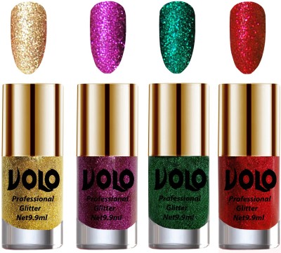 Volo Professionally Used Glitter Shine Nail Polish Combo Pack of 4 Combo-No-261 Golden Glitter, Purple Glitter, Dark Green Glitter, Red Glitter(Pack of 4)