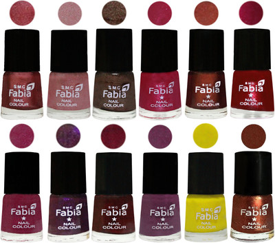 

Fabia Premium Collection 12 Piece Color Nail Polish Shades Nude Pink-Light pink-Dark Brown-Cherry Pink-Berry-Dark Magenta-Rose Pink-Dark Purple-Royal Red-Brinjal Purple-Yellow-Light Jerry Coffee(Pack of 12)