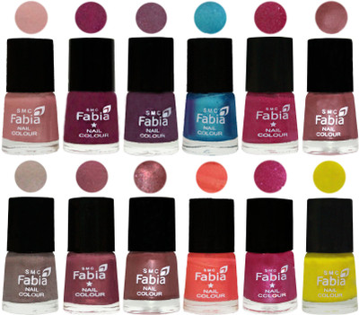 

Fabia Premium Shine & Glossy Nail Polish Collection Shades (12 Pcs Combo) Shrimp Pastell-Cherry Blossom-Light Jam-Denim-Hot Magenta-Lip-Light Beige-Dusty Pink-Dark Red Chrome-Peach-Light Magenta-Yellow(Pack of 12)
