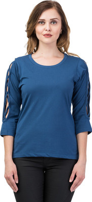 KALT Casual 3/4 Sleeve Solid Women Blue Top
