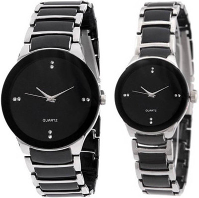 Varni Fashion Black Dial Silver Black Strap Men And Women Stylish Combo Wrist Watch For Couple Watch - For Men & Women