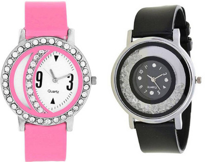 

Varni Retail Latest Diamond Chand Round Dial Pink And Movable Diamond Black Strap Girls Combo Watch For Women Watch - For Women