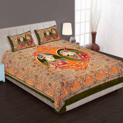 

OM DECOR 180 TC Cotton Double Printed Bedsheet(Pack of 1, Orange)