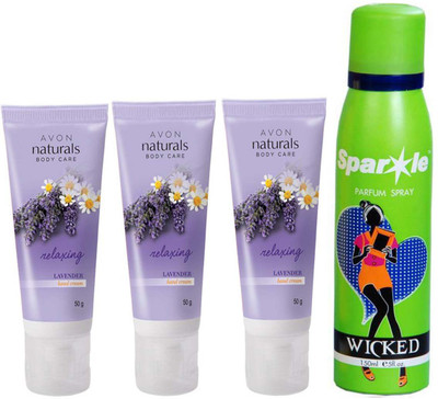 

Avon Anew three Relaxing Lavender Hand Cream (50 g) With one sparkle perfume spray 150 ml(Set of 4)