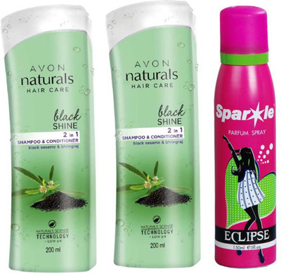 

Avon Anew two Black Shine Sesame& Bhringraj 2 in 1 Shampoo & Conditioner (200 ml) With one sparkle perfume spray 150 ml(Set of 3)