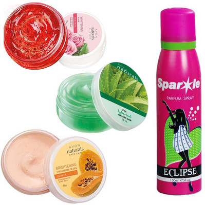 

Avon Anew Two Naturals Hydration Mask Aloe Vera (75 G) & One Natural Face Care Whitening Mask -Rose Petal (75 G) With One Sparkle Perfume Spray 150 Ml(Set of 4)