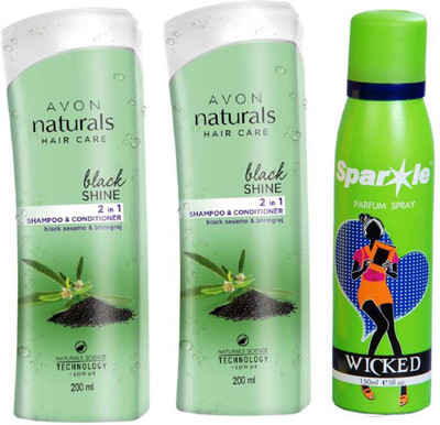 

Avon Anew two Black Shine Sesame& Bhringraj 2 in 1 Shampoo & Conditioner (200 ml) With one sparkle perfume spray 150 ml(Set of 3)