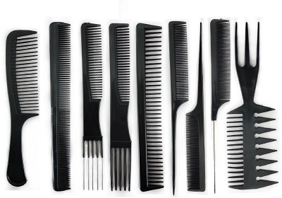 BOXO Hair Styling Comb Set For Salon And Parlour And Free Scissor, 65 Gram, Black(10 Items in the set)