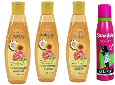 

Avon Anew three Naturals Nourishing & Refreshing Hair Oil (200 ml) With one sparkle perfume spray 150 ml(Set of 4)