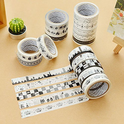

Giftee 10 Pcs Random Design Korea Stationary Creative Decorative Designer Tape (Black and White) DecoTapex Drafting Tape(1.5 cm x 10 m)