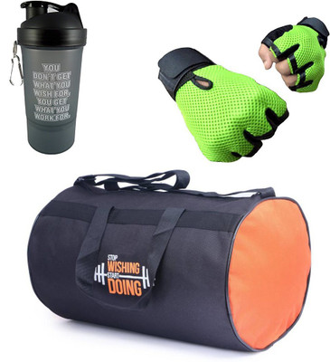 

Vellora Gym Bag, Protein Shaker And Gym Glove With Wrist Support Combo Gym & Fitness Kit