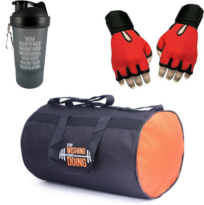 

Vellora Gym Bag, Protein Shaker And Gym Glove With Wrist Support Combo Gym & Fitness Kit