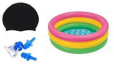 

YUKI BLACK COLOR SWIMMING CAP WITH EAR & NOSE PLUG, 2 FEET MULTICOLOR TUB Swimming Kit
