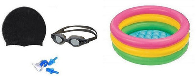

PEANA BLACK COLOR GOGGLES, CAP WITH EAR & NOSE PLUG, 3 FEET MULTICOLOR TUB Swimming Kit
