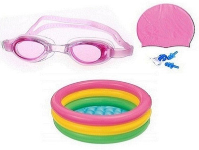 

PEANA PINK COLOR GOGGLES, CAP WITH EAR & NOSE PLUG, 3 FEET MULTICOLOR TUB Swimming Kit