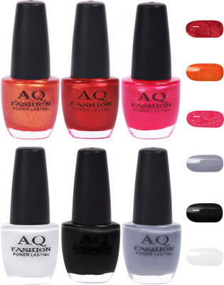 

AQ Fashion Funky Vibrant Range of Colors Nail polish Shimmer Orange,Red,Bright Magenta,White,Black,Grey(Pack of 6)
